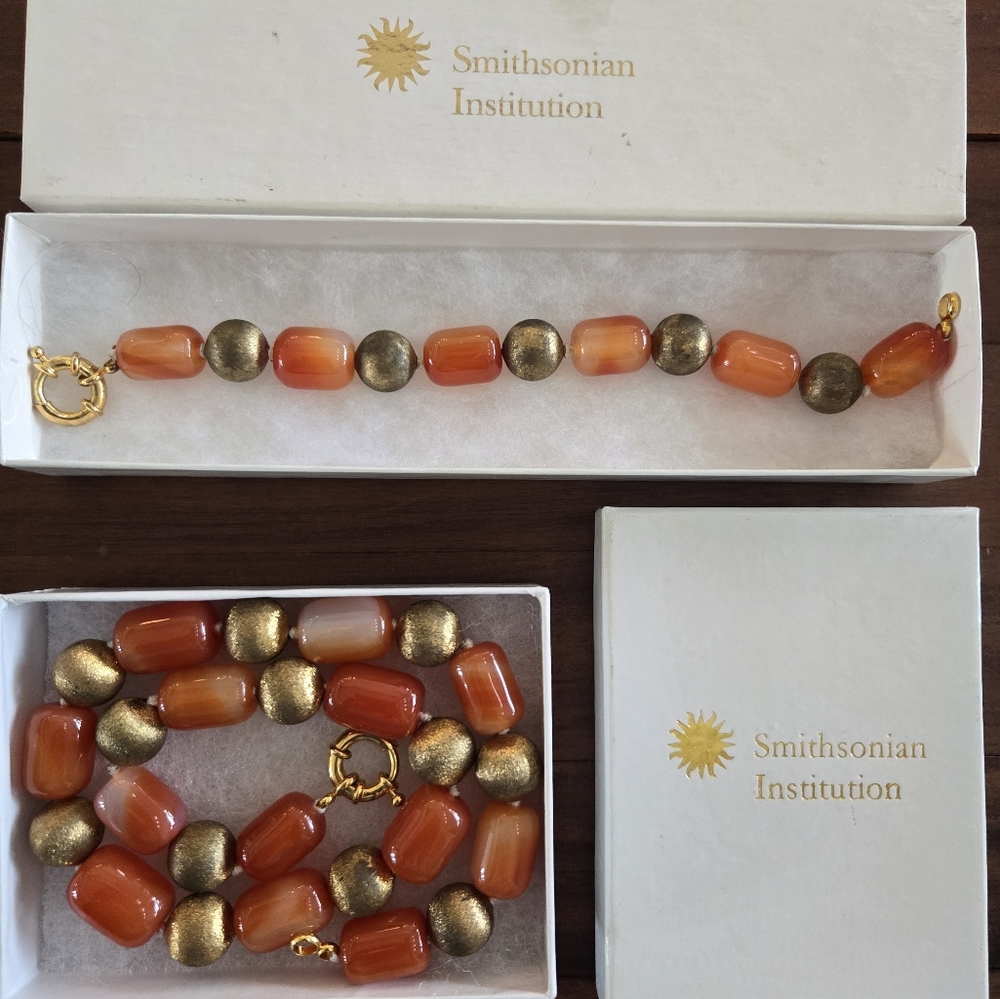Vintage Smithsonian Necklace Bracelet Set Orange Agate? Carnelian? Brass barrel